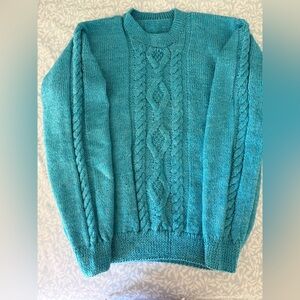 New Unisex Pure Hand Knit Turquoise Cable Knit Sweater
